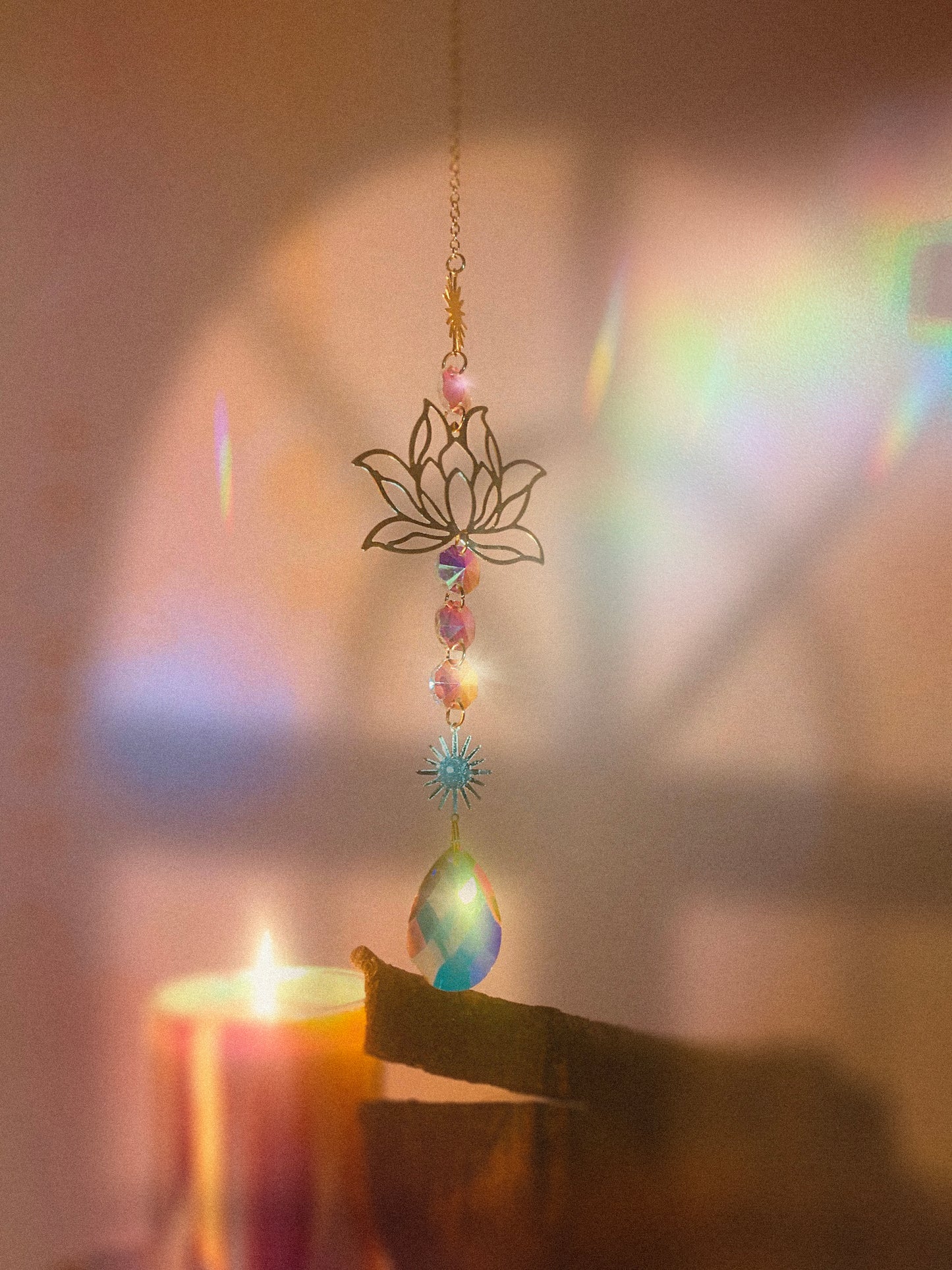 Golden Lotus Rainbow Crystal Suncatcher